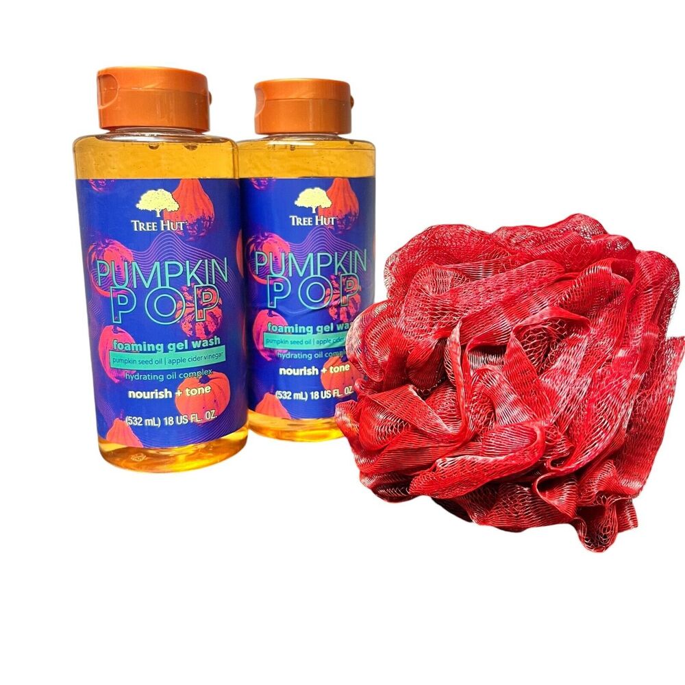 Tree Hut Pumpkin Pop Body Wash Bundle w/ 2 Foaming body washes + Loofah